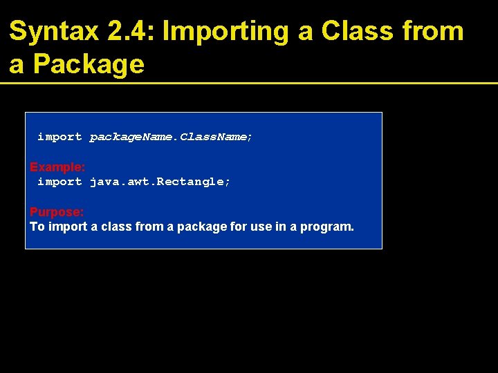Syntax 2. 4: Importing a Class from a Package import package. Name. Class. Name;