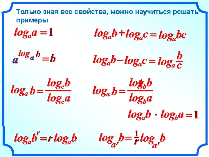Только зная все свойства, можно научиться решать примеры logaa = 1 loga b a