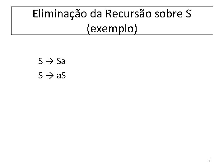 Eliminação da Recursão sobre S (exemplo) S → Sa S → a. S 2