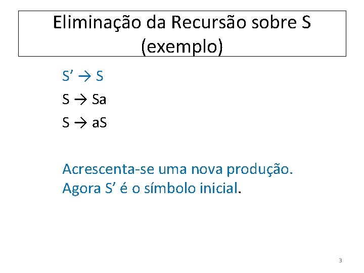 Eliminação da Recursão sobre S (exemplo) S’ → S S → Sa S →