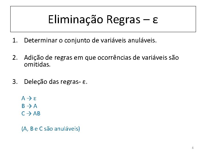 Eliminação Regras – ε 1. Determinar o conjunto de variáveis anuláveis. 2. Adição de