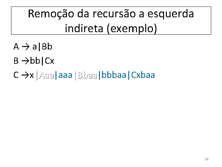 Remoção da recursão a esquerda indireta (exemplo) A → a|Bb B →bb|Cx C →x|Aaa|aaa