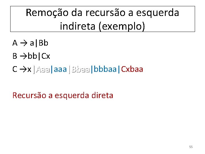 Remoção da recursão a esquerda indireta (exemplo) A → a|Bb B →bb|Cx C →x|Aaa|aaa