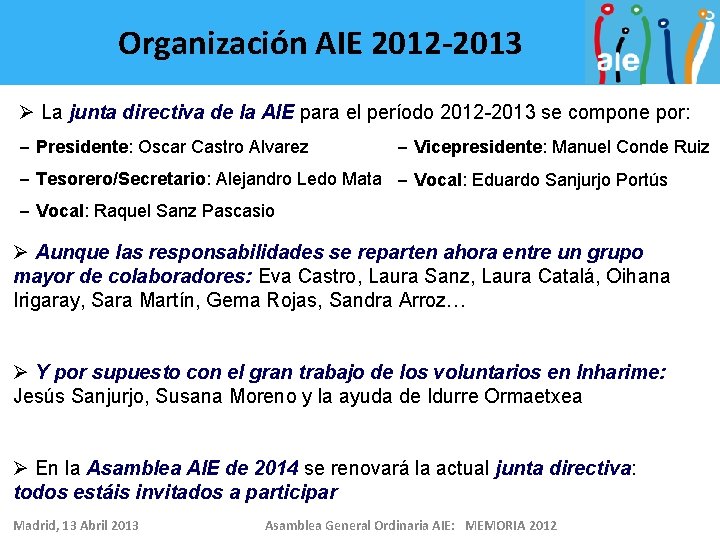 Organización AIE 2012 -2013 Ø La junta directiva de la AIE para el período