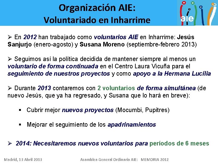 Organización AIE: Voluntariado en Inharrime Ø En 2012 han trabajado como voluntarios AIE en