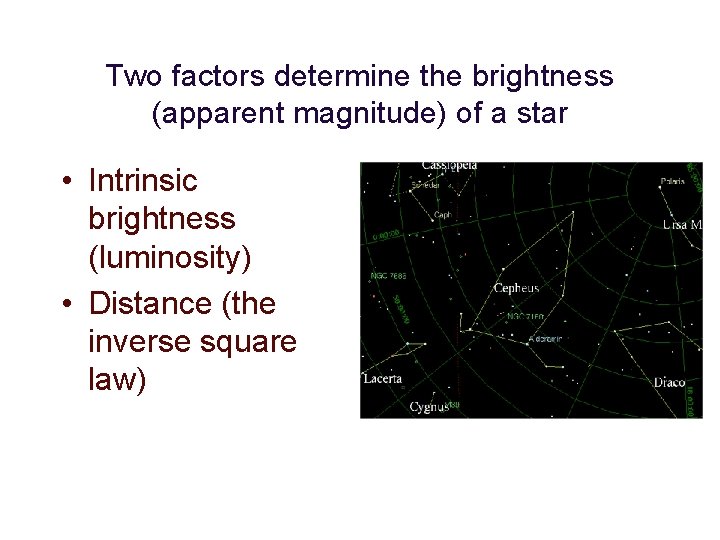 Two factors determine the brightness (apparent magnitude) of a star • Intrinsic brightness (luminosity)