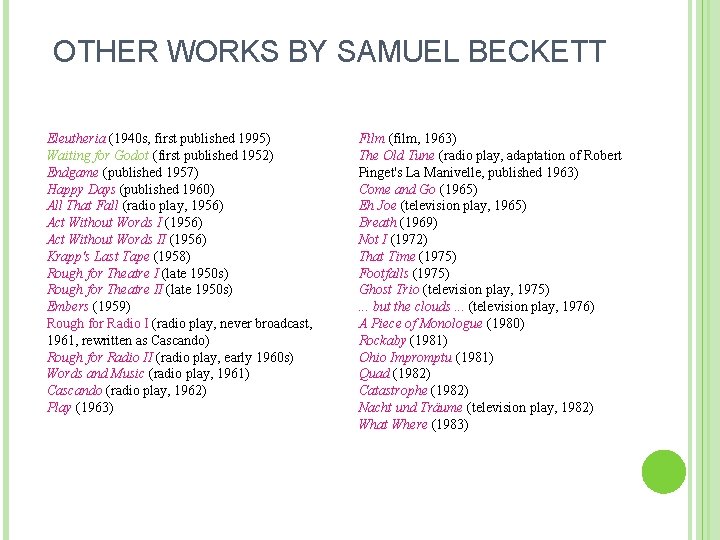 OTHER WORKS BY SAMUEL BECKETT Eleutheria (1940 s, first published 1995) Waiting for Godot