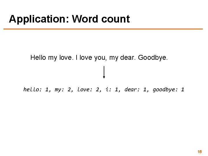 Application: Word count Hello my love. I love you, my dear. Goodbye. hello: 1,