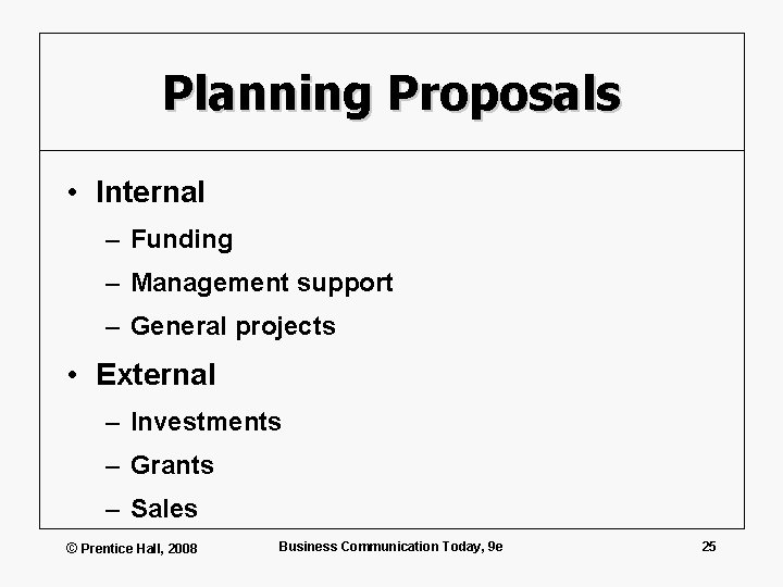 Planning Proposals • Internal – Funding – Management support – General projects • External