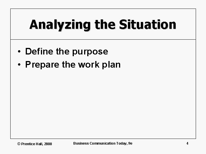 Analyzing the Situation • Define the purpose • Prepare the work plan © Prentice