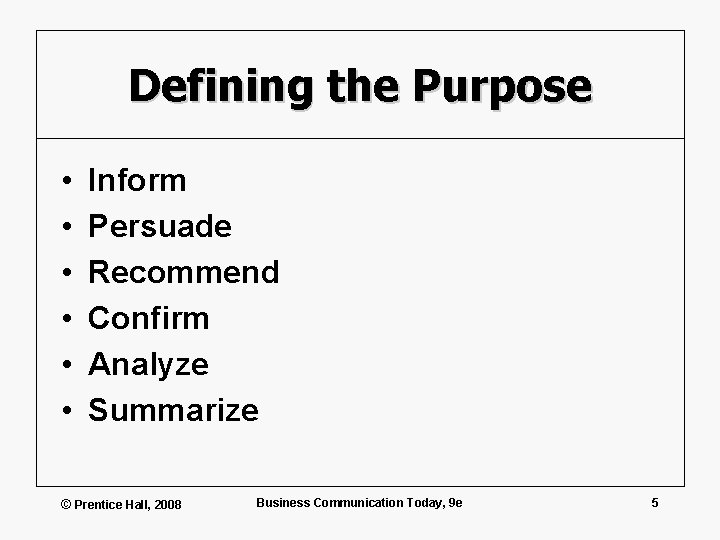 Defining the Purpose • • • Inform Persuade Recommend Confirm Analyze Summarize © Prentice