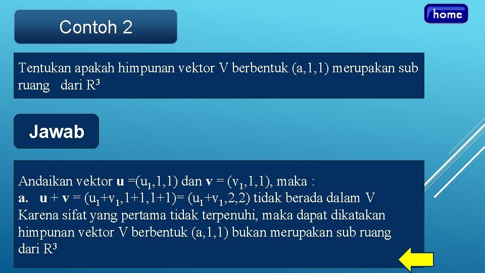 Contoh 2 Tentukan apakah himpunan vektor V berbentuk (a, 1, 1) merupakan sub ruang