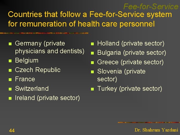 Fee-for-Service Countries that follow a Fee-for-Service system for remuneration of health care personnel n