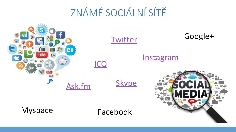 ZNÁMÉ SOCIÁLNÍ SÍTĚ Google+ Twitter Instagram ICQ Ask. fm Myspace Skype Facebook 