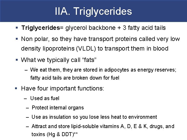 IIA. Triglycerides § Triglycerides= glycerol backbone + 3 fatty acid tails § Non polar,