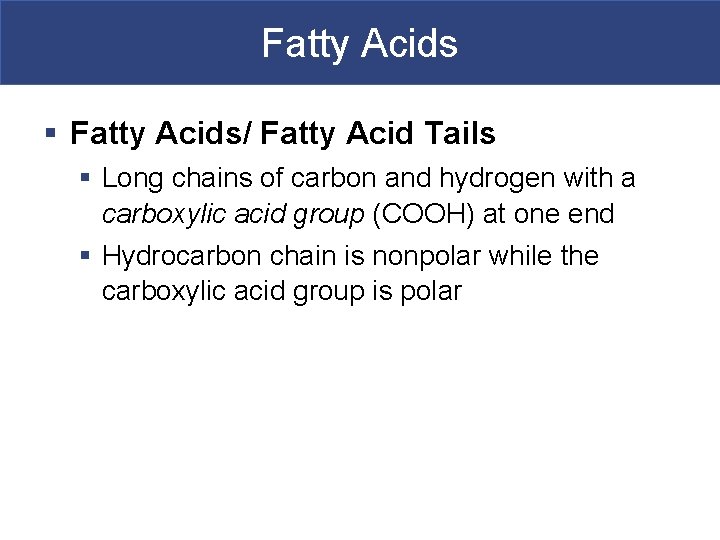 Fatty Acids § Fatty Acids/ Fatty Acid Tails § Long chains of carbon and