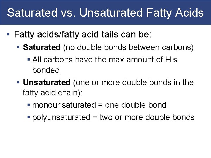 Saturated vs. Unsaturated Fatty Acids § Fatty acids/fatty acid tails can be: § Saturated