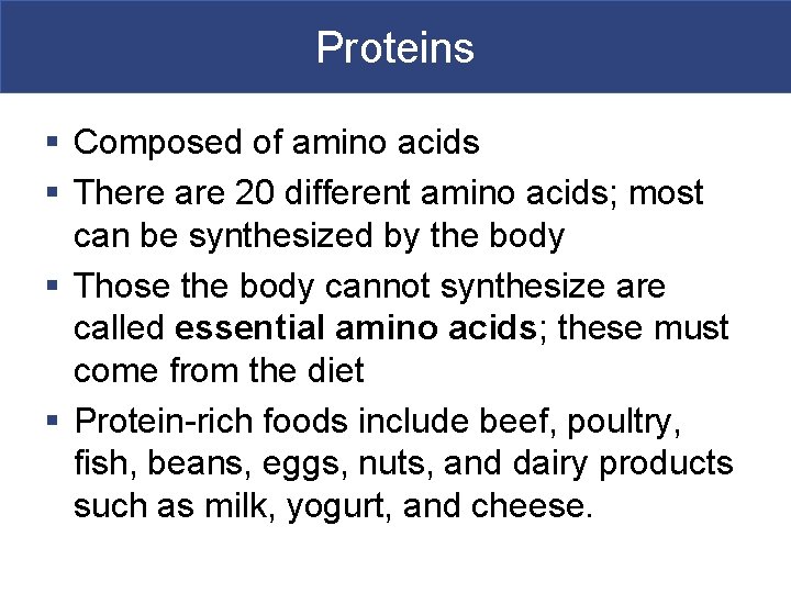 Proteins § Composed of amino acids § There are 20 different amino acids; most