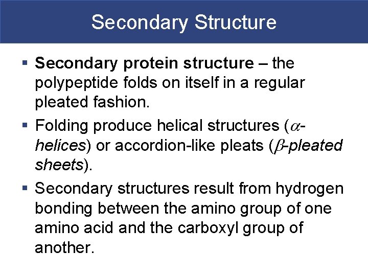 Secondary Structure § Secondary protein structure – the polypeptide folds on itself in a