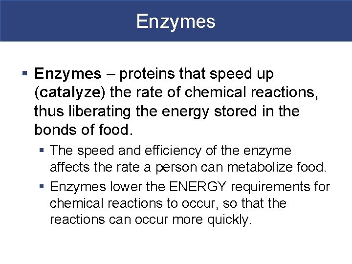 Enzymes § Enzymes – proteins that speed up (catalyze) the rate of chemical reactions,