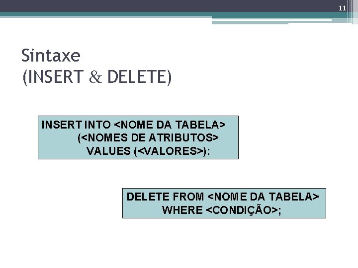 11 Sintaxe (INSERT & DELETE) INSERT INTO <NOME DA TABELA> (<NOMES DE ATRIBUTOS> VALUES