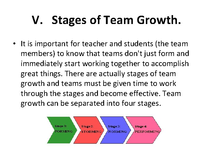 V. Stages of Team Growth. • It is important for teacher and students (the