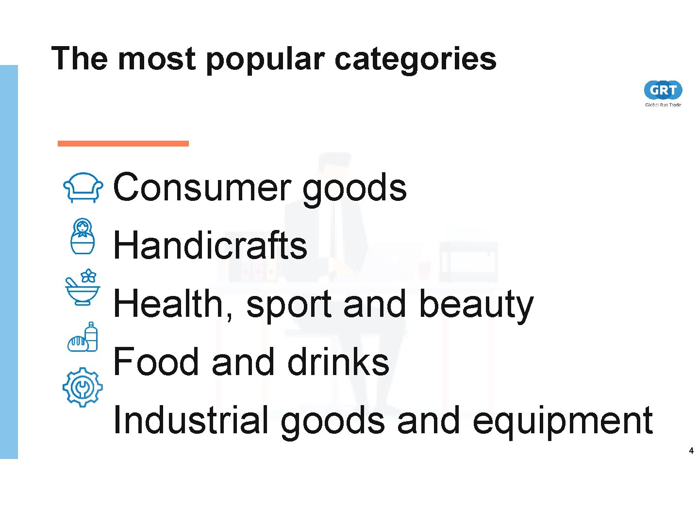 The most popular categories Consumer goods Handicrafts Health, sport and beauty Food and drinks