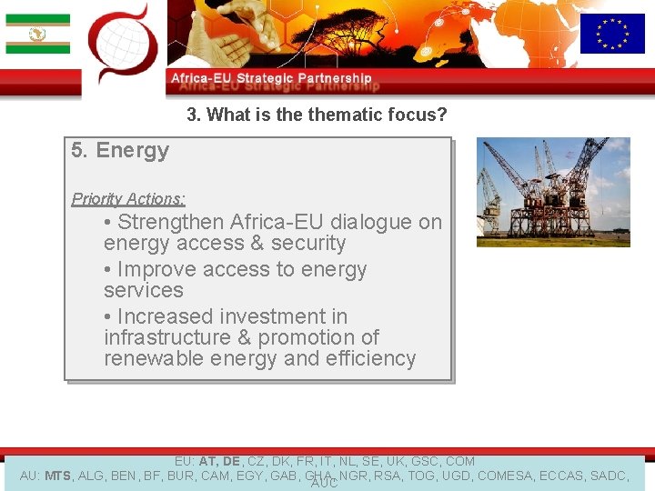 3. What is thematic focus? 5. Energy Priority Actions: • Strengthen Africa-EU dialogue on