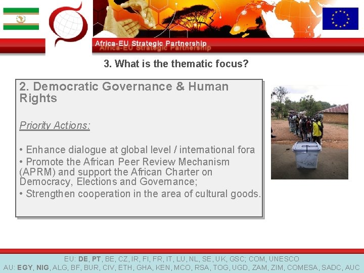 3. What is thematic focus? 2. Democratic Governance & Human Rights Priority Actions: •
