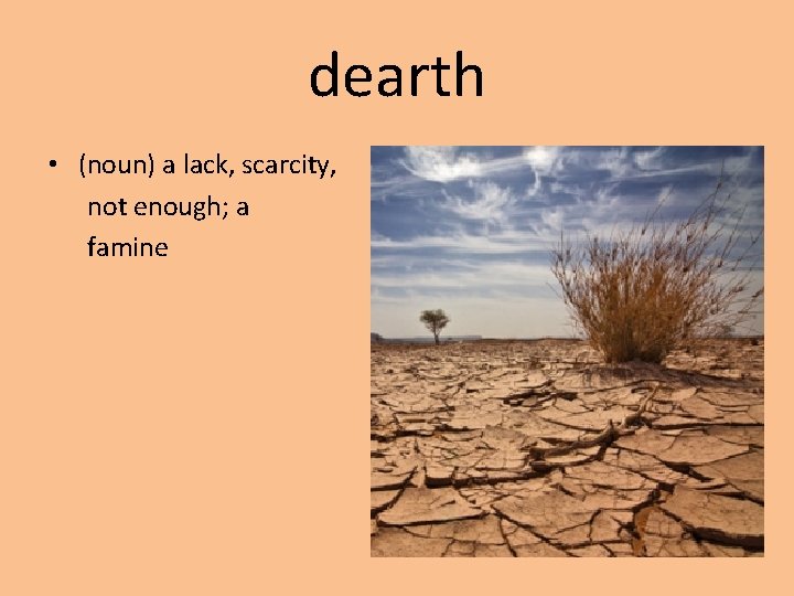 dearth • (noun) a lack, scarcity, not enough; a famine 