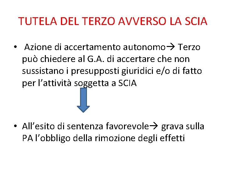 TUTELA DEL TERZO AVVERSO LA SCIA • Azione di accertamento autonomo Terzo può chiedere