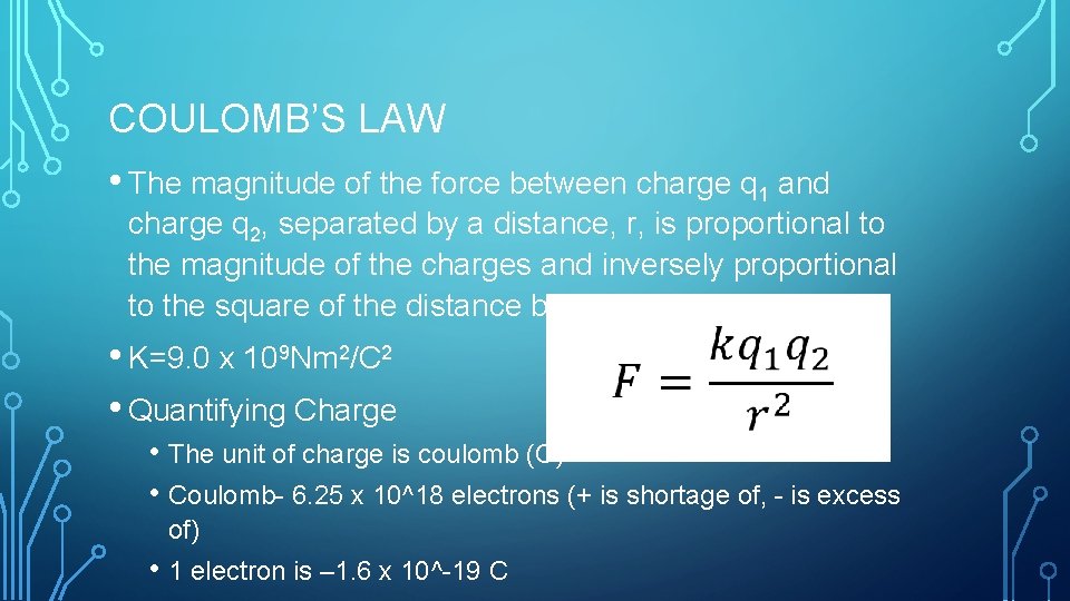 COULOMB’S LAW • The magnitude of the force between charge q 1 and charge