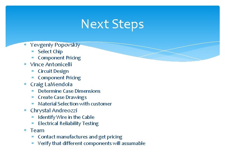 Next Steps Yevgeniy Popovskiy Select Chip Component Pricing Vince Antonicelli Circuit Design Component Pricing