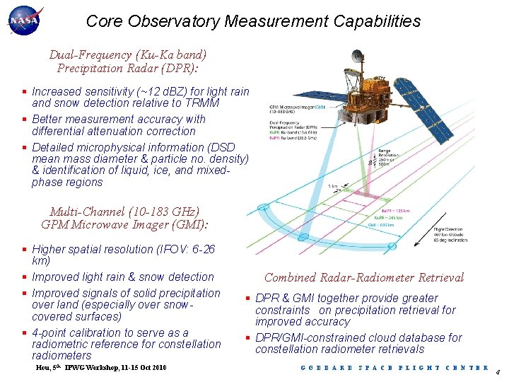 GPMCapabilities Core Observatory. NASA-JAXA Measurement Dual-Frequency (Ku-Ka band) Precipitation Radar (DPR): § Increased sensitivity