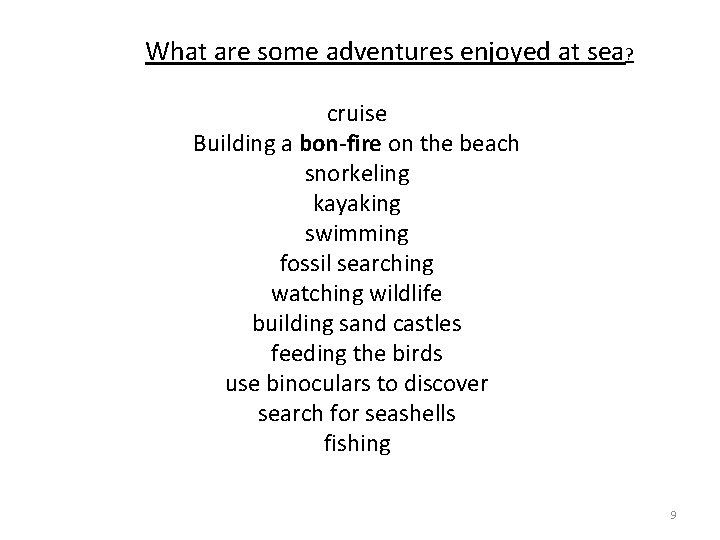What are some adventures enjoyed at sea? cruise Building a bon-fire on the beach