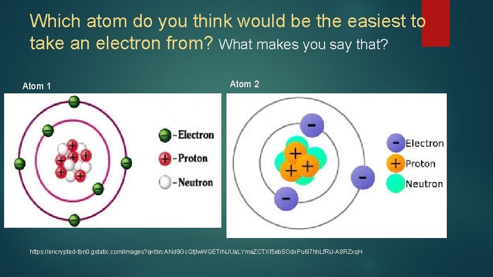 Which atom do you think would be the easiest to take an electron from? Which atom do you think would be the easiest to take an electron from?