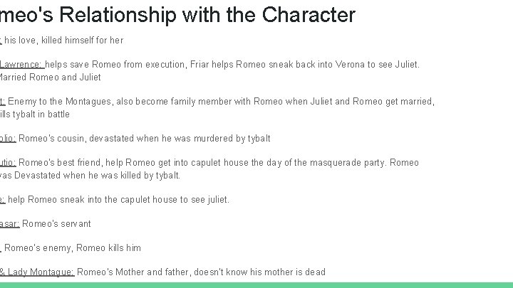 meo's Relationship with the Character : his love, killed himself for her Lawrence: helps