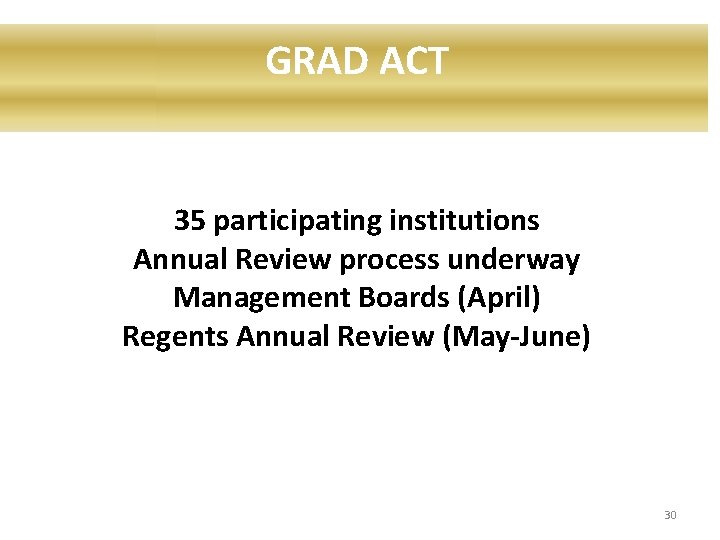 GRAD ACT 35 participating institutions Annual Review process underway Management Boards (April) Regents Annual