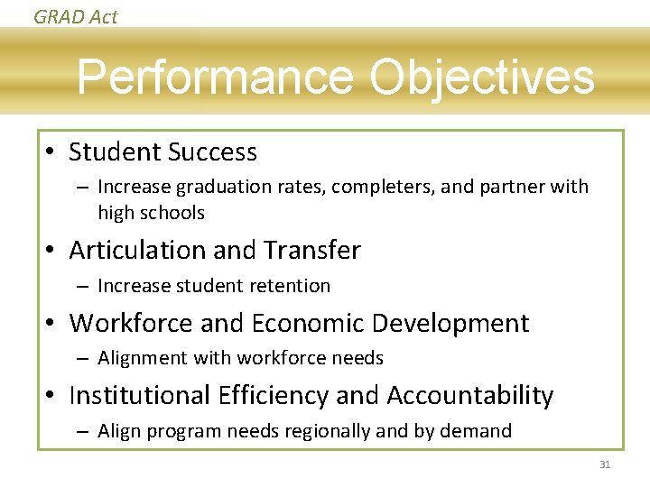 GRAD Act Performance Objectives • Student Success – Increase graduation rates, completers, and partner
