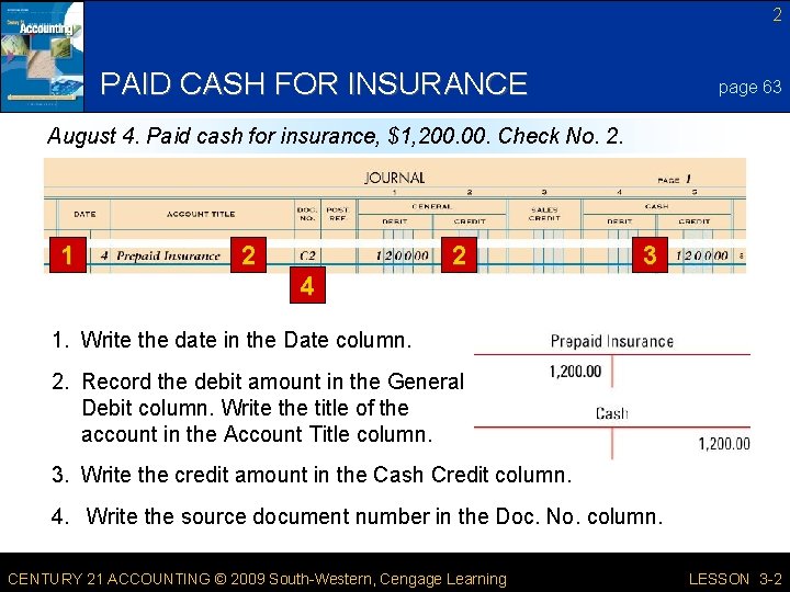 2 PAID CASH FOR INSURANCE page 63 August 4. Paid cash for insurance, $1,