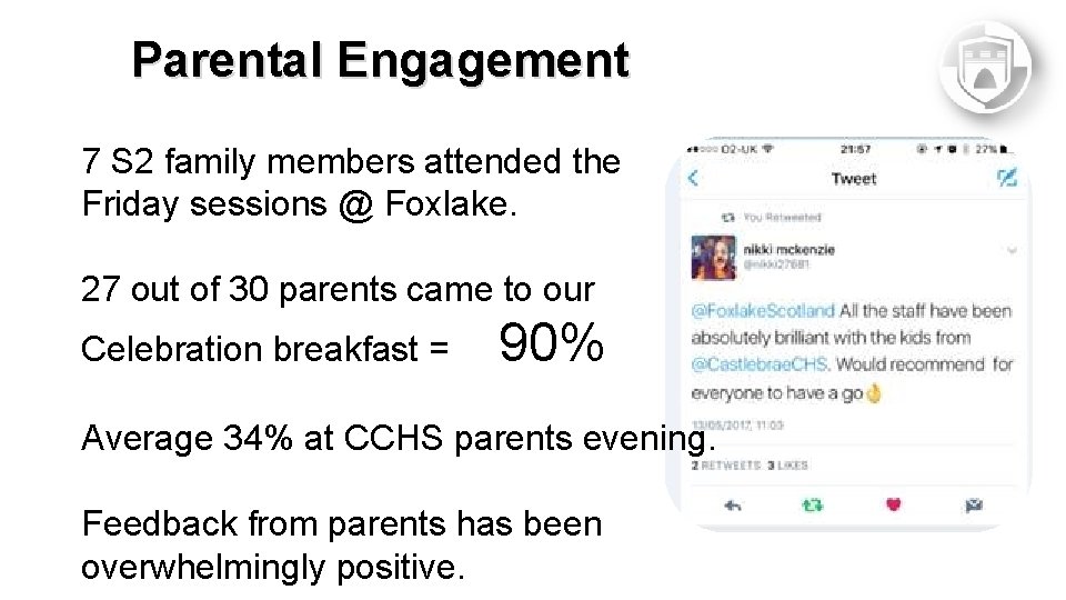Parental Engagement 7 S 2 family members attended the Friday sessions @ Foxlake. 27