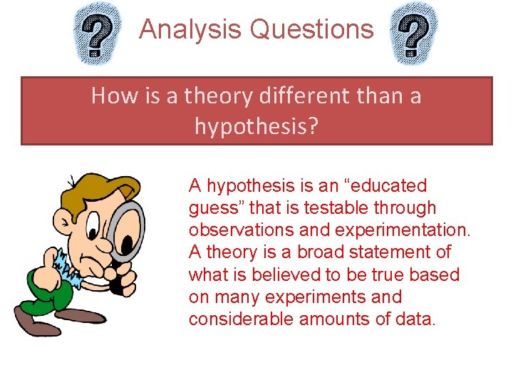 Analysis Questions How is a theory different than a hypothesis? A hypothesis is an