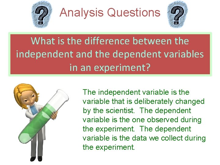 Analysis Questions What is the difference between the independent and the dependent variables in