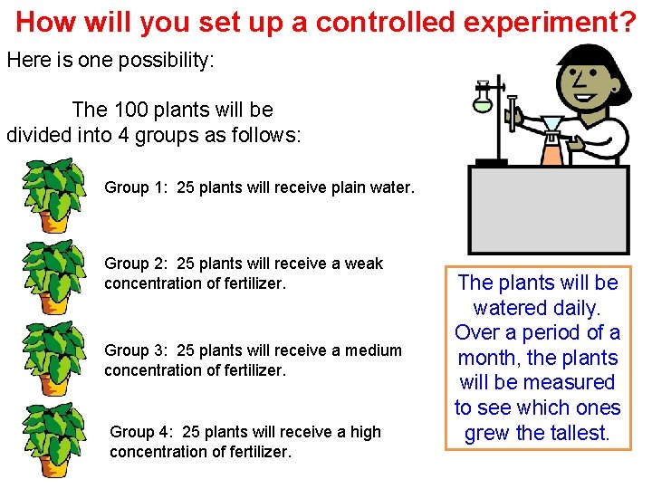 How will you set up a controlled experiment? Here is one possibility: The 100