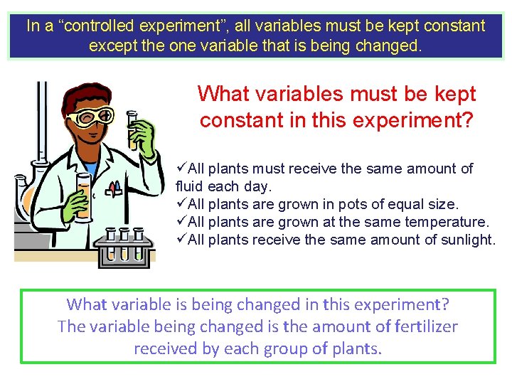 In a “controlled experiment”, all variables must be kept constant except the one variable