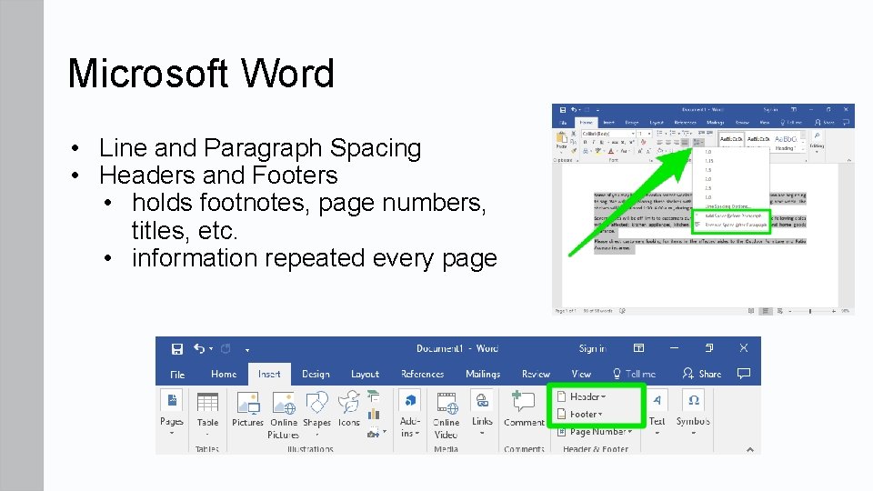 Microsoft Word • Line and Paragraph Spacing • Headers and Footers • holds footnotes,