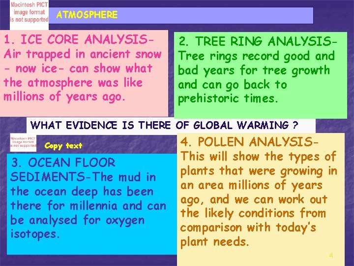 ATMOSPHERE 1. ICE CORE ANALYSISAir trapped in ancient snow - now ice- can show