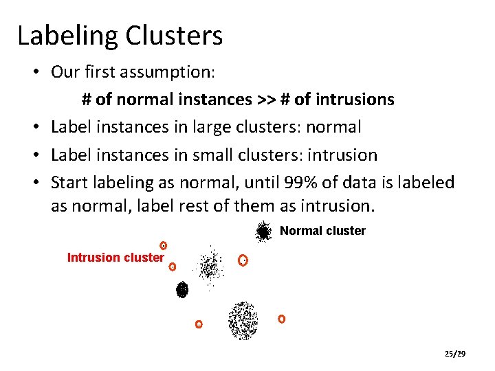 Labeling Clusters • Our first assumption: # of normal instances >> # of intrusions Labeling Clusters • Our first assumption: # of normal instances >> # of intrusions