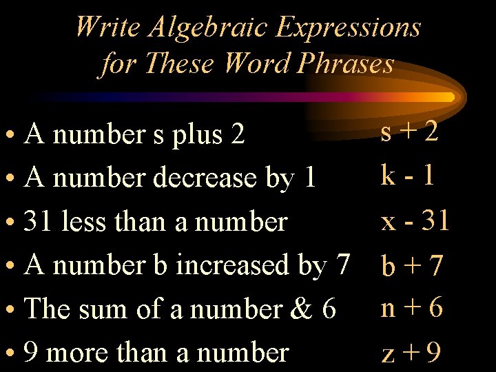 Write Algebraic Expressions for These Word Phrases • A number s plus 2 •