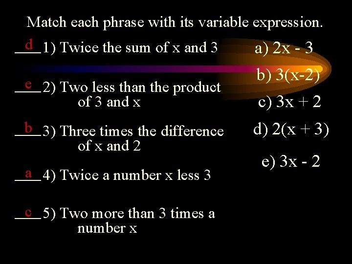 Match each phrase with its variable expression. d 1) Twice the sum of x